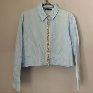 Zara Light Blue Cropped Button Up Shirt XL Jeweled Detail